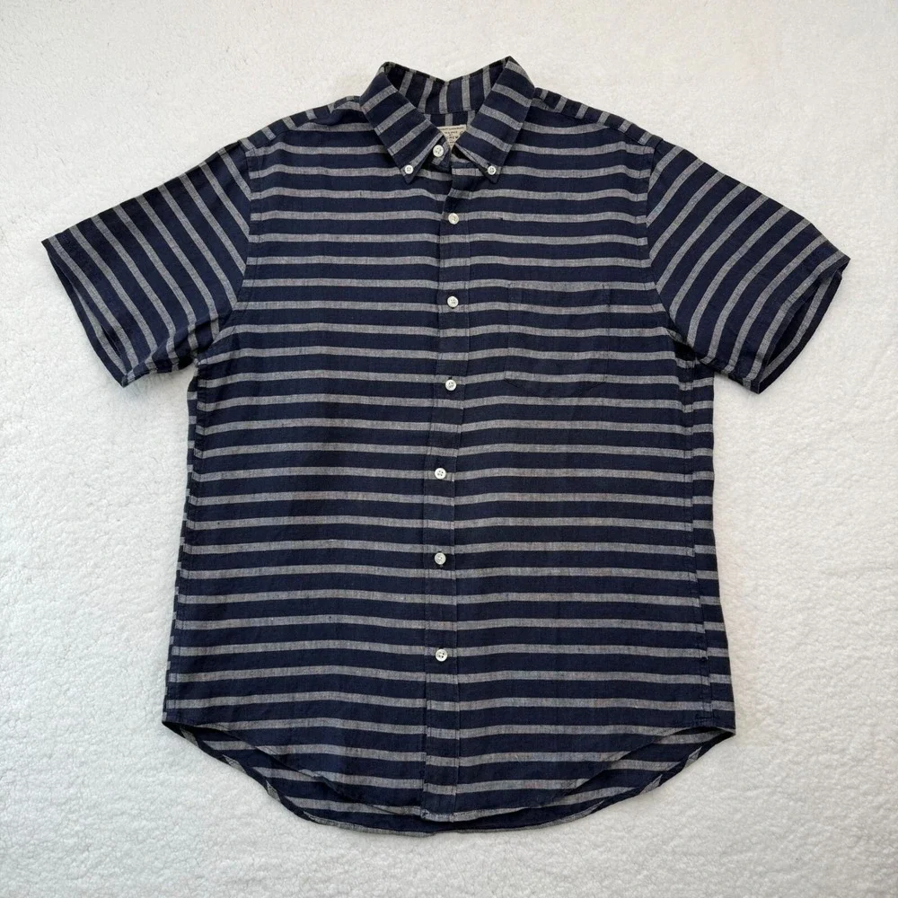 J.Crew 100% Linen Button Down Shirt SS Blue Gray Stripe Fisherman Coastal Mens M